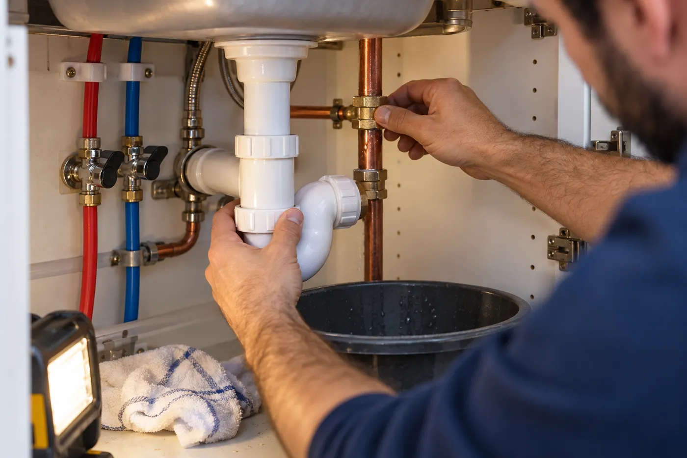 Remplacement d'un siphon et contrôle d'un raccord sous un évier de cuisine