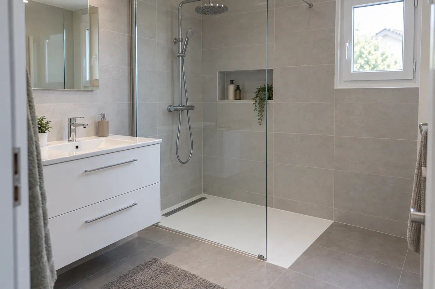 Douche à l'italienne avec receveur extra-plat et colonne de douche dans une salle de bains rénovée